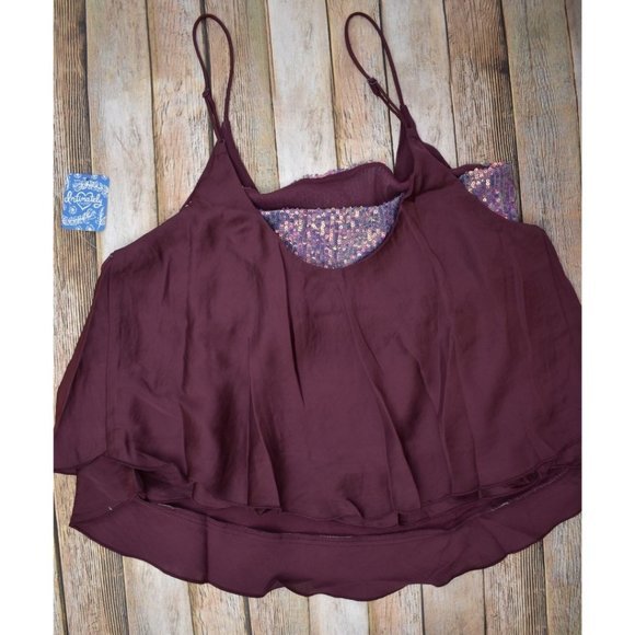 Free People Turn It On Satin Sequin Bandeau Cami‎ Babydoll Tank Plum Purple - Picture 10 of 16